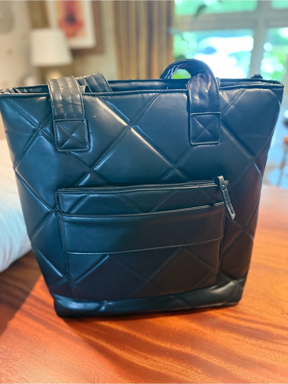 Quilted Black Tote Bag with Front Zip Pocket - Picture 1 of 5